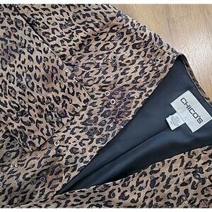 Chico’s Silk Animal Print Sequin Jacket Open Front Cropped Sz 1 M EUC